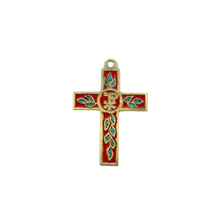 Croix latine avec Chrisme et rameaux d’olivier en bronze émaillé– 11 cm – 0212 rouge - Les Tailleurs d'Images