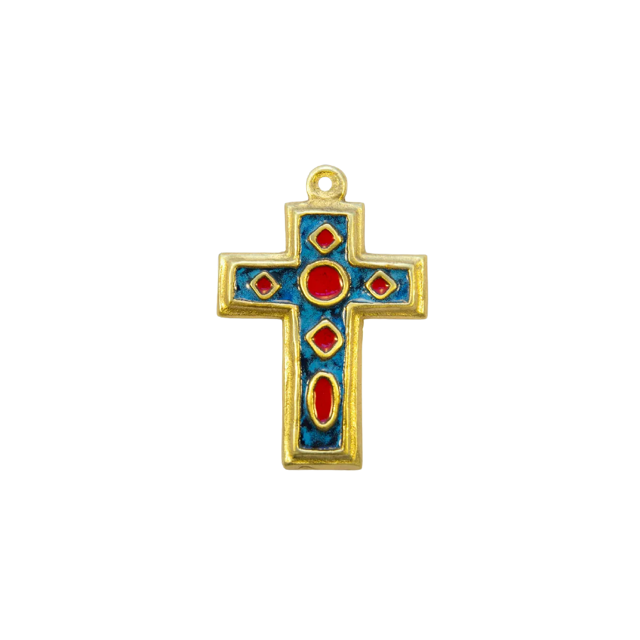 Croix médiévale en bronze émaillé et cabochons – 11 cm – 0195 bleu | Les Tailleurs d'Images