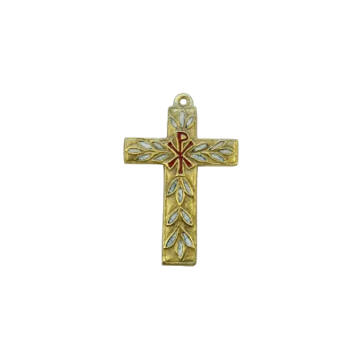 Croix murale avec Chrisme & feuillages bronze et émaux grand feu – 11 cm – 0196