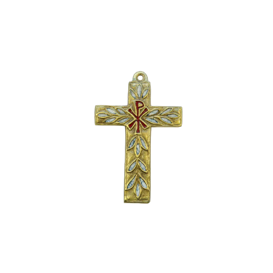 Croix murale avec Chrisme & feuillages – bronze véritable et émaux grand feu – 11 cm – 0196 blanc | Les Tailleurs d'Images