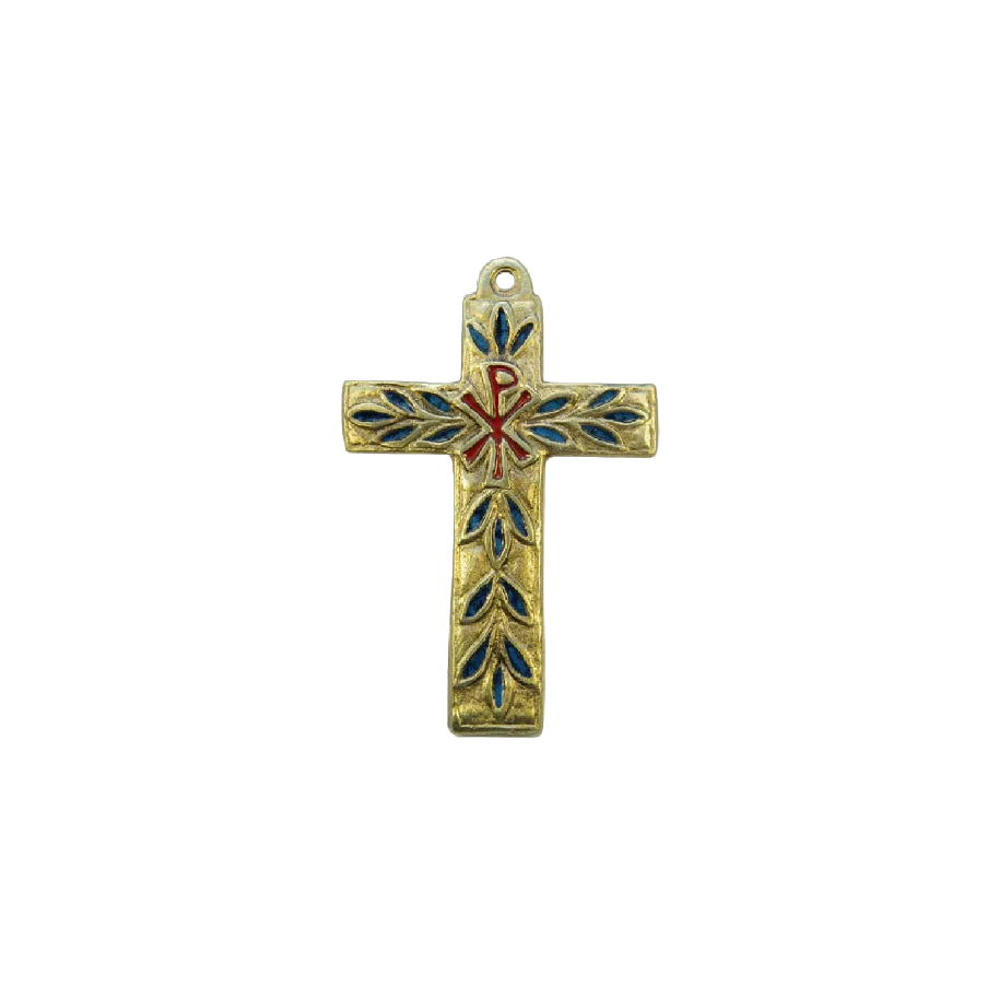 Croix murale avec Chrisme & feuillages – bronze véritable et émaux grand feu – 11 cm – 0196 bleu | Les Tailleurs d'Images