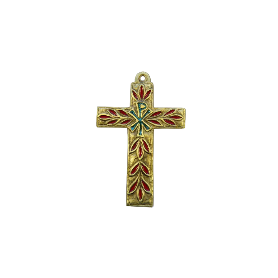 Croix murale avec Chrisme & feuillages – bronze véritable et émaux grand feu – 11 cm – 0196 rouge | Les Tailleurs d'Images