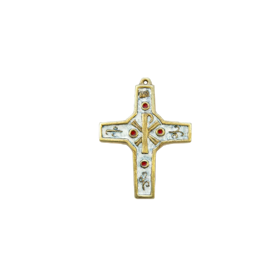 Croix murale en bronze émaillé - chrisme et volutes – 10,5 cm – 890 BLANC - Les Tailleurs d'Images