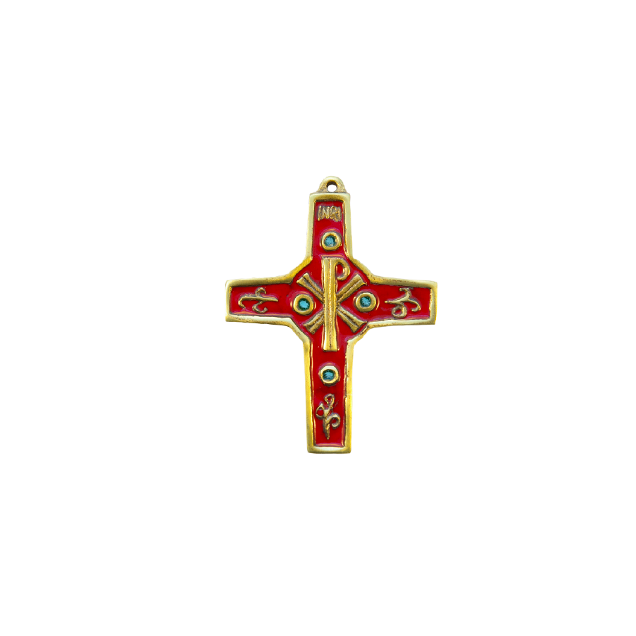 Croix murale en bronze émaillé - chrisme et volutes – 10,5 cm – 890 ROUGE - Les Tailleurs d'Images