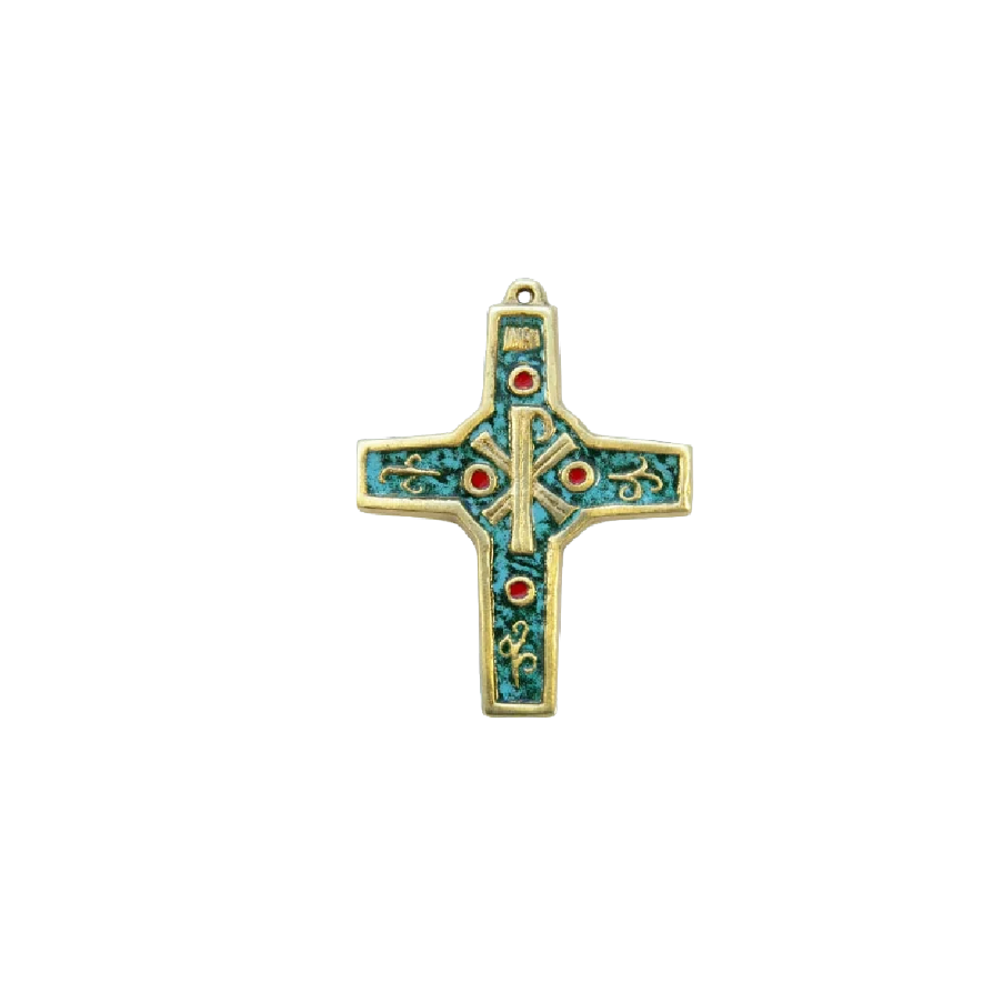 Croix murale en bronze émaillé - chrisme et volutes – 10,5 cm – 890 VERT - Les Tailleurs d'Images