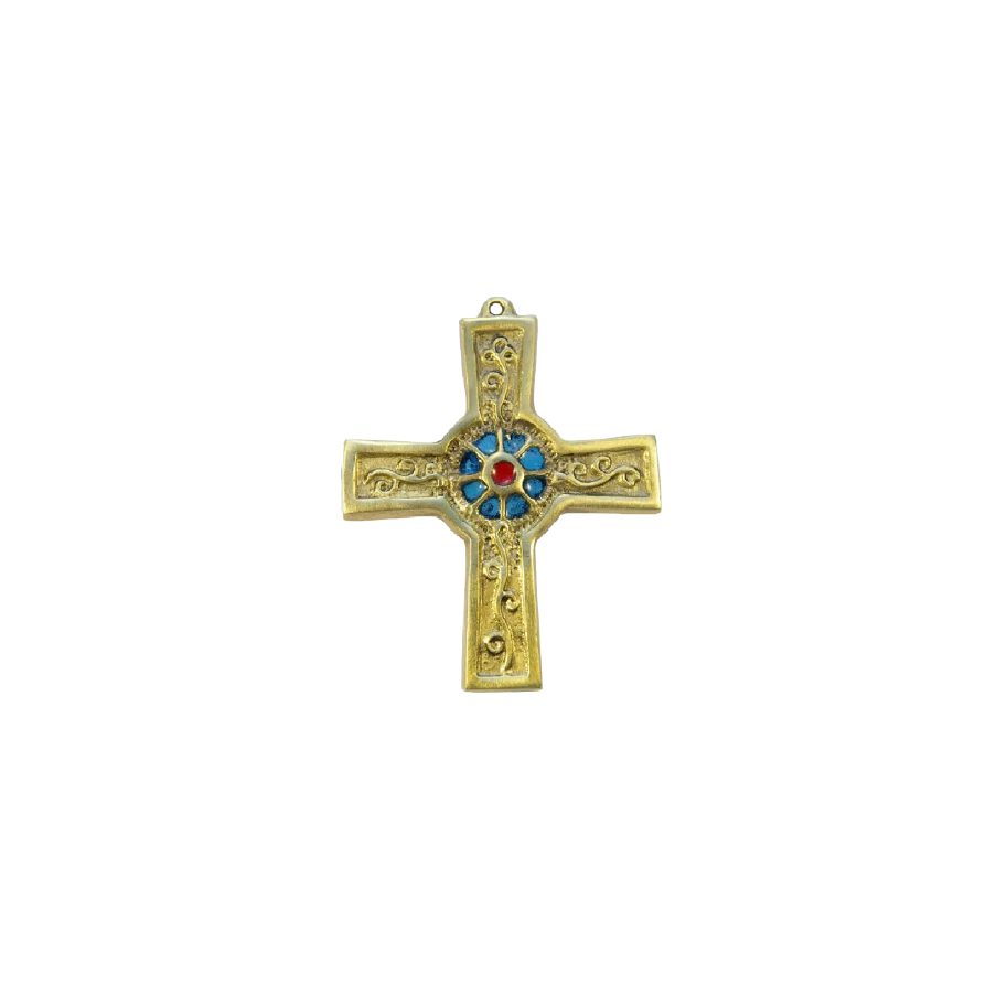 Croix murale médiévale avec rosace et émaux – 10 cm – 891 bleu - Les Tailleurs d'Images