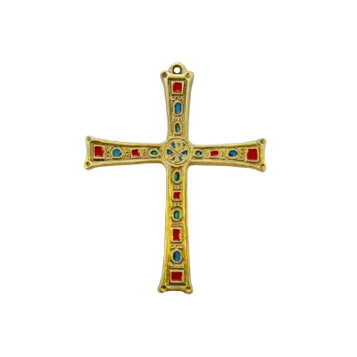 Grande croix murale, chrisme, bronze et cabochons – 16 cm – 05