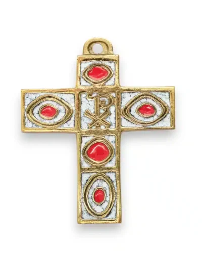 Croix en bronze à motifs géométriques et chrisme – 10,5 cm