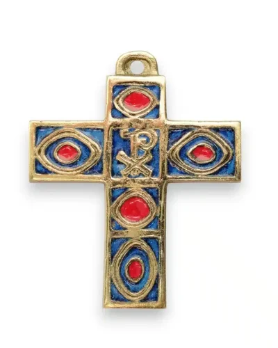 Croix en bronze à motifs géométriques et chrisme – 10,5 cm