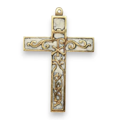 Croix murale Chrisme et volutes bronze émaillé, style baroque – 12 cm – 955