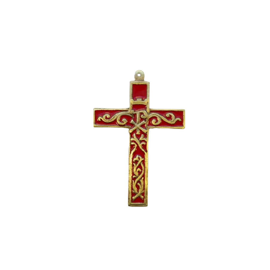 croix émaillée Chrisme et volutes, style baroque – 12 cm – 955 ROUGE - Les Tailleurs d'Images
