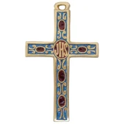 Croix bronze émaillé bleue et cabochons rouges JHS