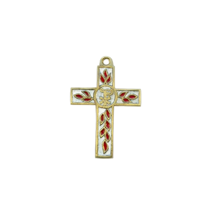 Croix latine avec Chrisme et rameaux d’olivier en bronze émaillé– 11 cm – 0212