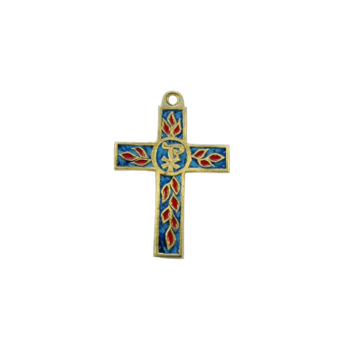 Croix latine avec Chrisme et rameaux d’olivier en bronze émaillé– 11 cm – 0212