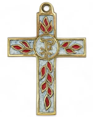 Croix décorative avec Chrisme et rameaux d’olivier en bronze émaillé – 11 cm – 0212