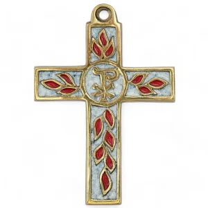 Croix latine avec Chrisme et rameaux d’olivier en bronze émaillé– 11 cm – 0212