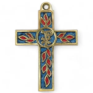 croix-latine-rameaux-olivier-bronze-emaille-bleu-0212 | Les Tailleurs d'Images Croix latine avec Chrisme et rameaux d’olivier en bronze émaillé