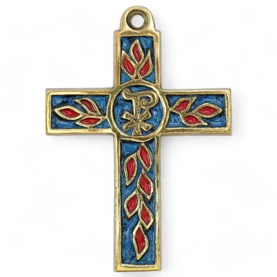 Croix latine avec Chrisme et rameaux d’olivier en bronze émaillé– 11 cm – 0212