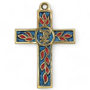 Croix latine avec Chrisme et rameaux d’olivier en bronze émaillé– 11 cm – 0212