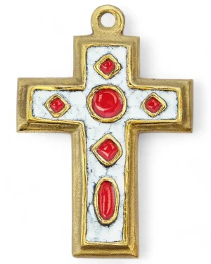 Croix médiévale en bronze émaillé & cabochons – 11 cm – 0195