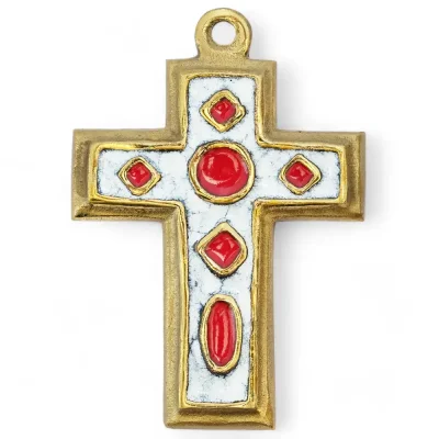 Croix médiévale en bronze émaillé & cabochons – 11 cm – 0195