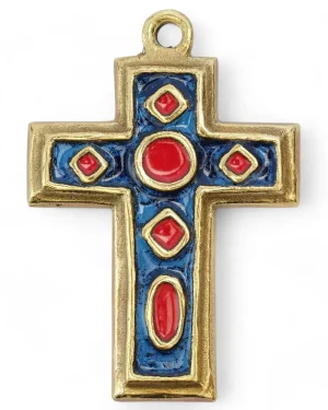 Croix médiévale en bronze émaillé & cabochons – 11 cm – 0195