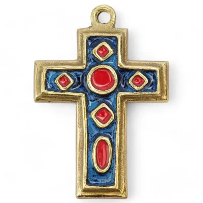 Croix médiévale en bronze émaillé & cabochons – 11 cm – 0195