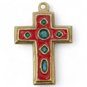 Croix médiévale en bronze émaillé et cabochons