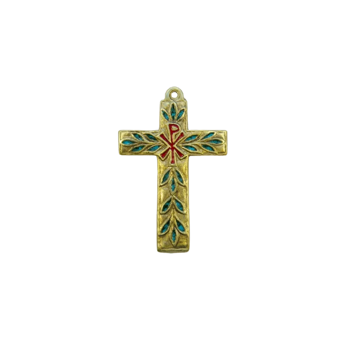 Croix murale avec Chrisme & feuillages bronze et émaux grand feu – 11 cm – 0196
