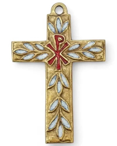 Croix murale avec Chrisme & feuillages bronze et émaux grand feu – 11 cm