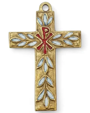 Croix décoration murale avec Chrisme & feuillages – 11 cm – 0196