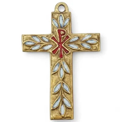 Croix murale avec Chrisme & feuillages bronze et émaux grand feu – 11 cm – 0196