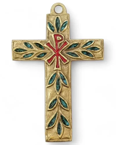 Croix murale avec Chrisme & feuillages bronze et émaux grand feu – 11 cm