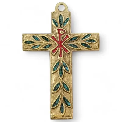 Croix murale avec Chrisme & feuillages bronze et émaux grand feu – 11 cm – 0196