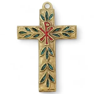 Croix murale avec Chrisme & feuillages bronze et émaux grand feu – 11 cm – 0196