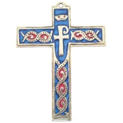 Croix murale médiévale émaillée bleue avec Chrisme