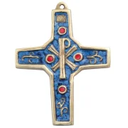 Croix murale émaillée bleue avec chrisme et volutes