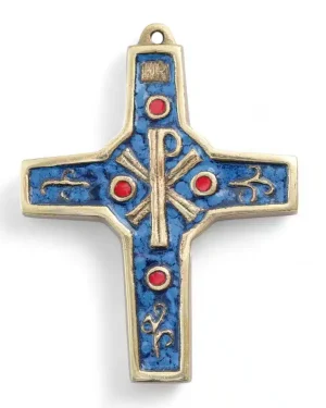 Croix murale en bronze émaillé : chrisme et volutes – 10,5 cm – 890