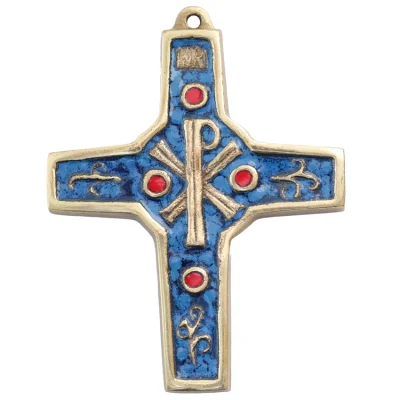Croix murale en bronze émaillé : chrisme et volutes – 10,5 cm – 890