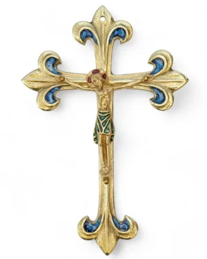 Crucifix Émaillé sur Croix Fleurdelisée en Bronze – 17cm – 0177-810