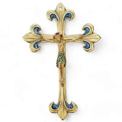 Crucifix Émaillé sur Croix Fleurdelisée en Bronze – 17cm – 0177-810