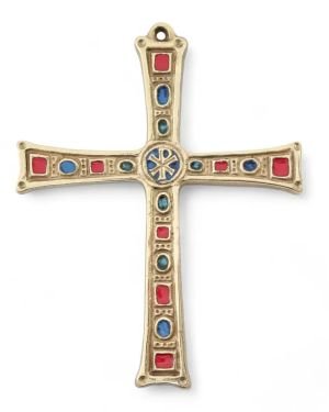 Grande croix murale, chrisme, bronze et cabochons – 16 cm – 05