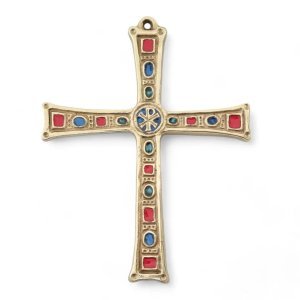 Grande croix murale, chrisme, bronze et cabochons – 16 cm – 05