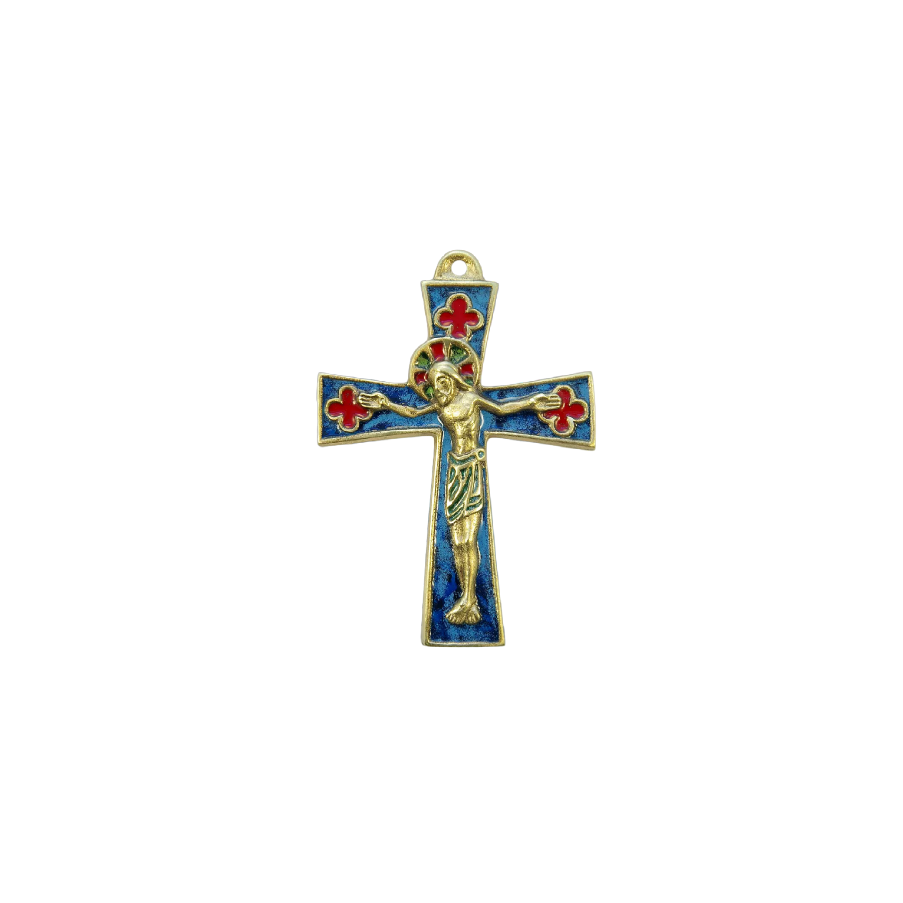 Crucifix médiéval sur croix pattée et quadrilobes - 11,5 cm - 0136 bleu