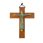 Christ en robe roman, crucifix en bronze émaillé sur bois – 19 cm – 903 BLEU_- Les Tailleurs d'Images
