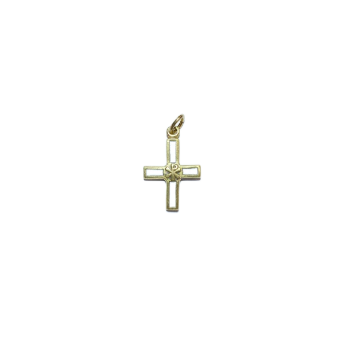 Croix pendentif avec Chrisme, bijou religieux bronze émaillé – 2,8 cm – 0126