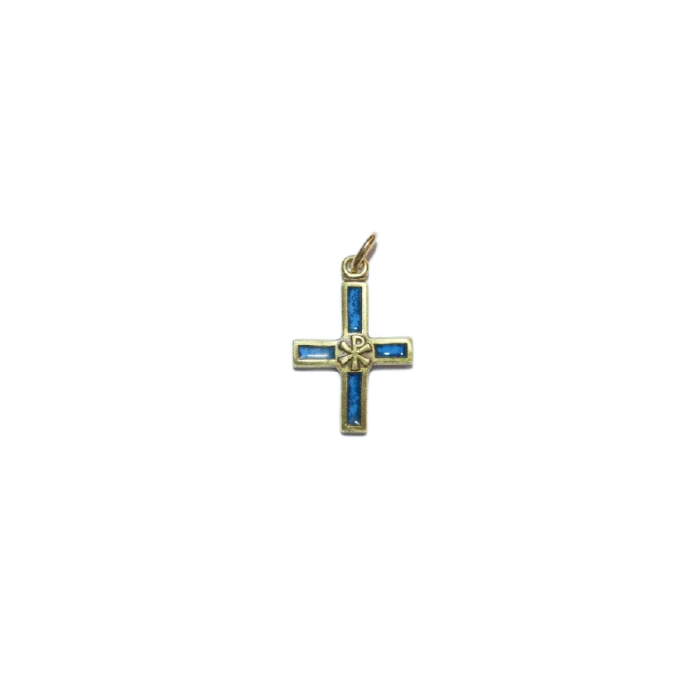 Croix pendentif avec Chrisme, bijou religieux bronze émaillé – 2,8 cm – 0126