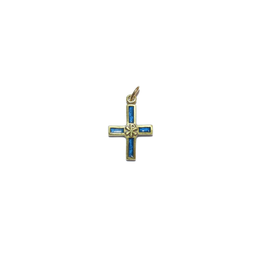 Croix pendentif avec Chrisme, bijou religieux émaillé – 2,8 cm – 0126 bleu