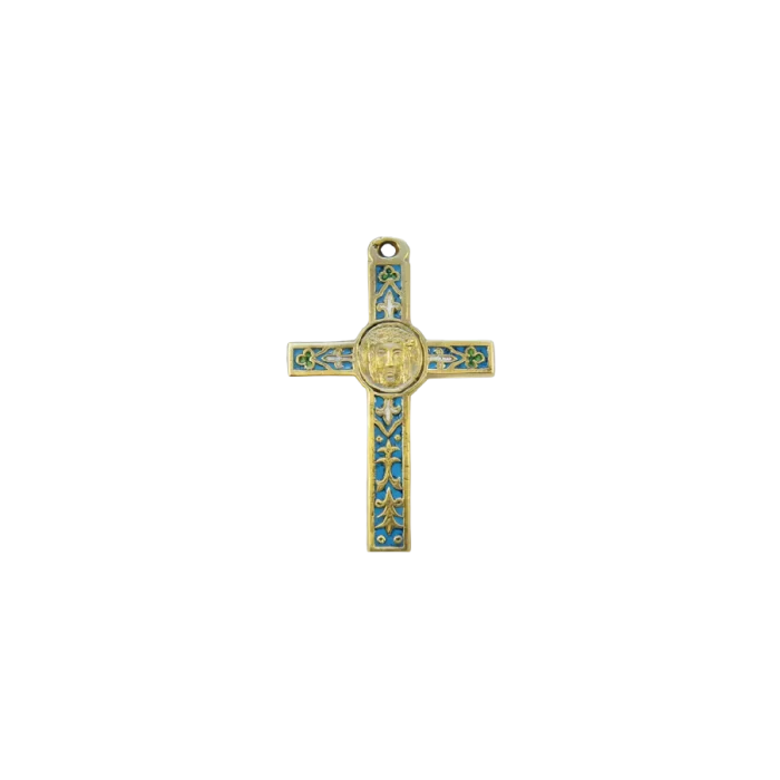 Crucifix avec fleur de lys, trèfles et médaille du Christ au centre – 10 cm – 0105