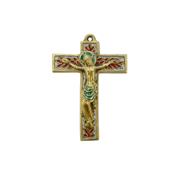 Crucifix mural en bronze richement émaillé, la croix ornée de feuillages – 15 cm – 018